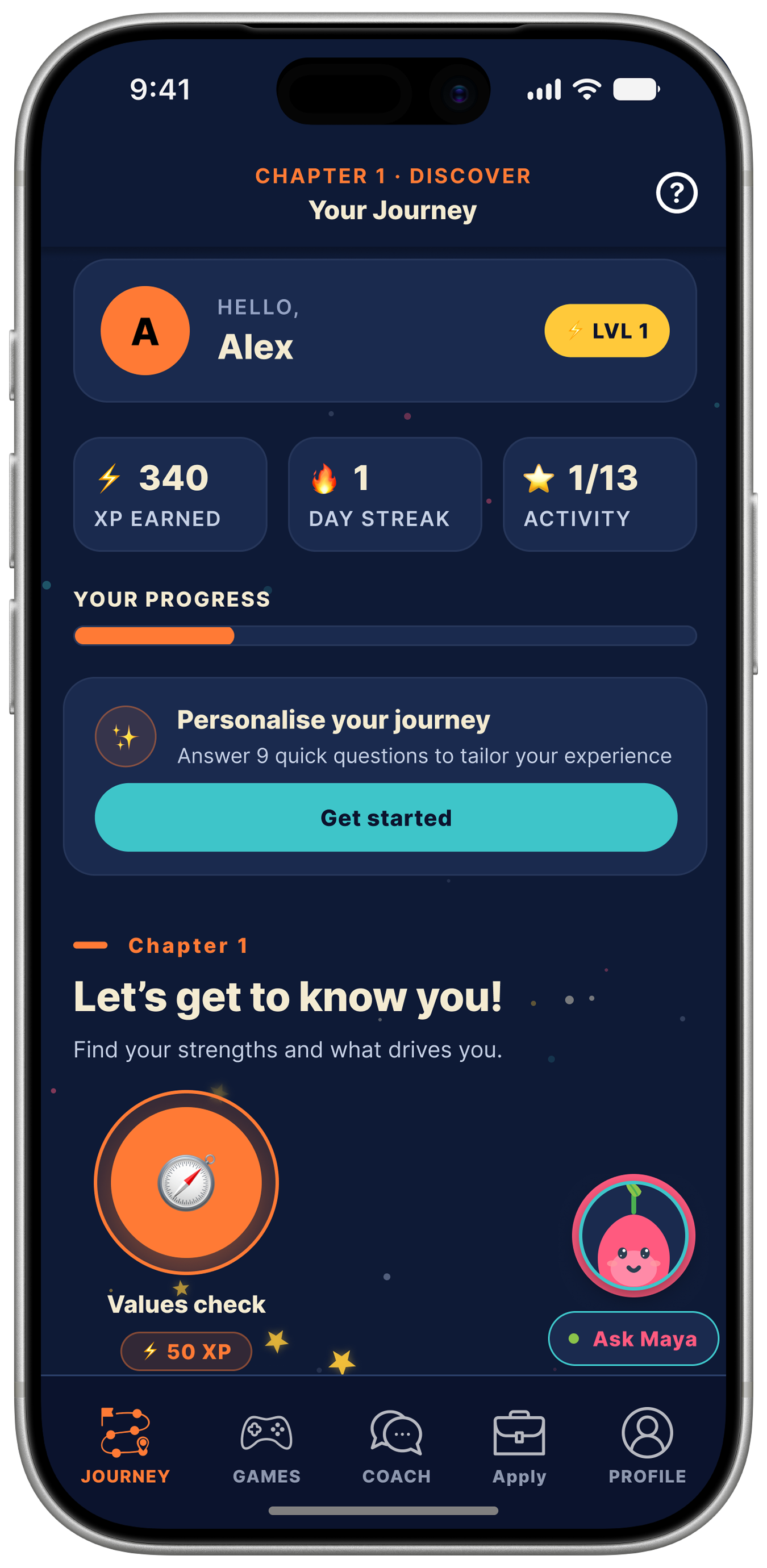 Journey Tracker home screen showing XP, a day streak, and a chaptered path of activities such as Values Check, Skills Assessment and Career Quiz